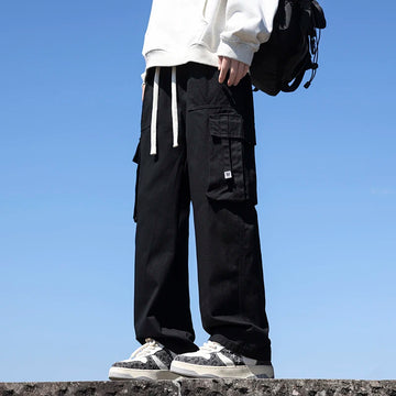 Riolio 6 Colors Men's 100% Cotton Cargo Casual Pants Baggy Straight Elastic Waist Comfortable Trousers Fashion Streetwear Male Clothes